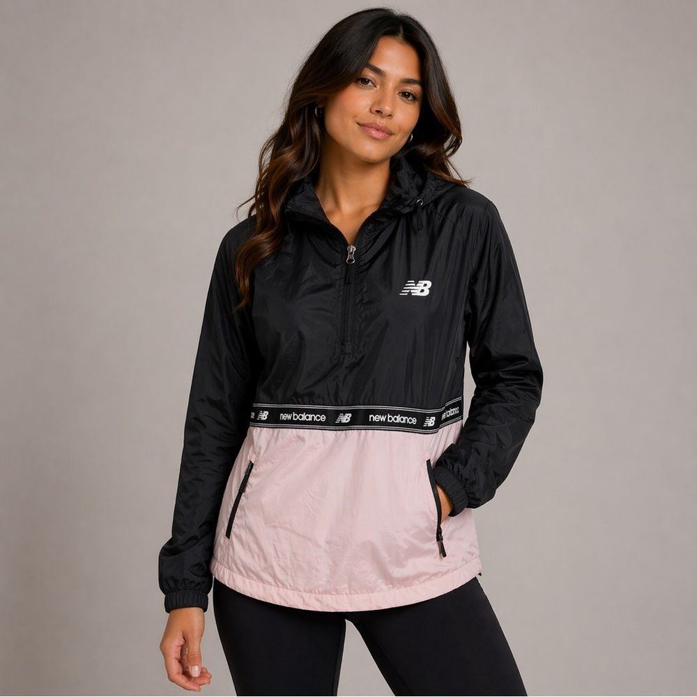 NWT New Balance Black and Light Pink Colorblock Pullover Windbreaker pockets L